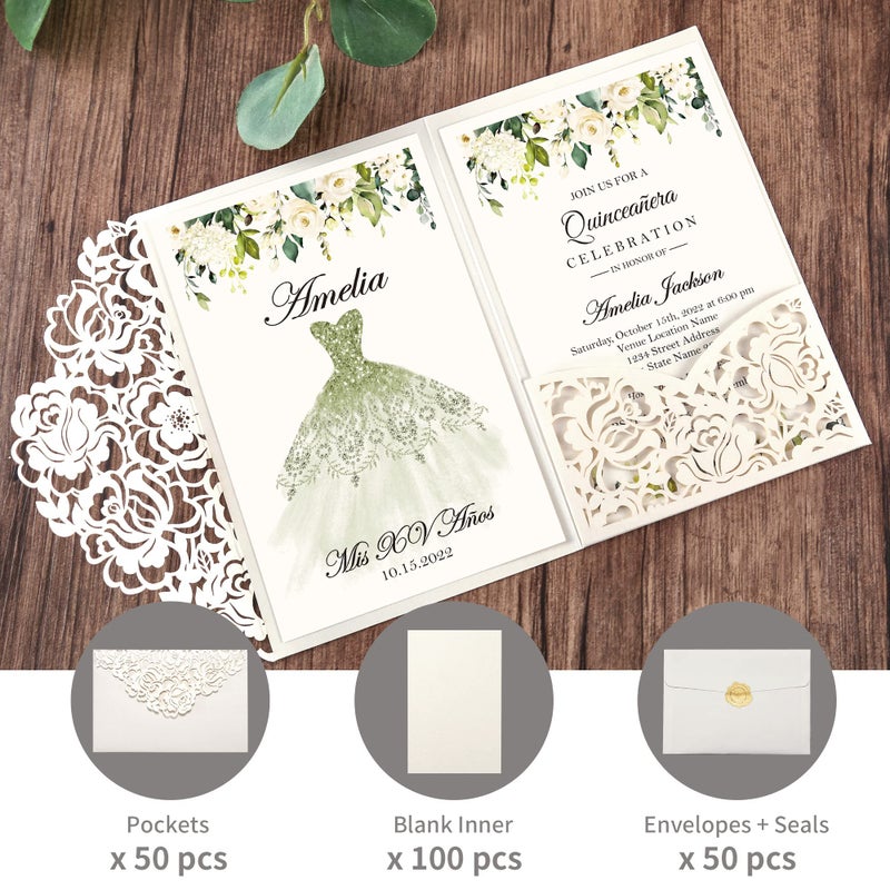DORIS HOME 50pcs Laser Cut Quinceanera Invitations Green and Ivory White, 4.7x7.1 Blank Quince Invitations for 15th Birthday, Invitation cards for Sweet 16 with Envelopes - Image 4